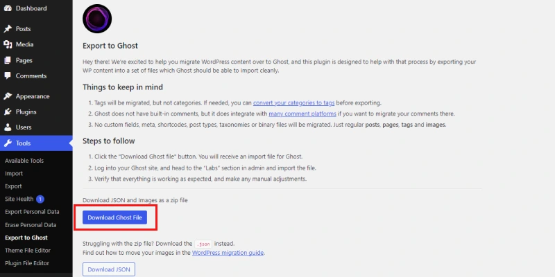 export ghost file from wordpress