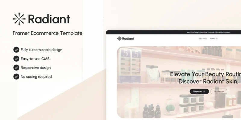 radiant minimal ecommerce framer template